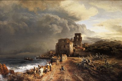 Paysage ombragé au bord de la mer avec figures - Oswald Achenbach